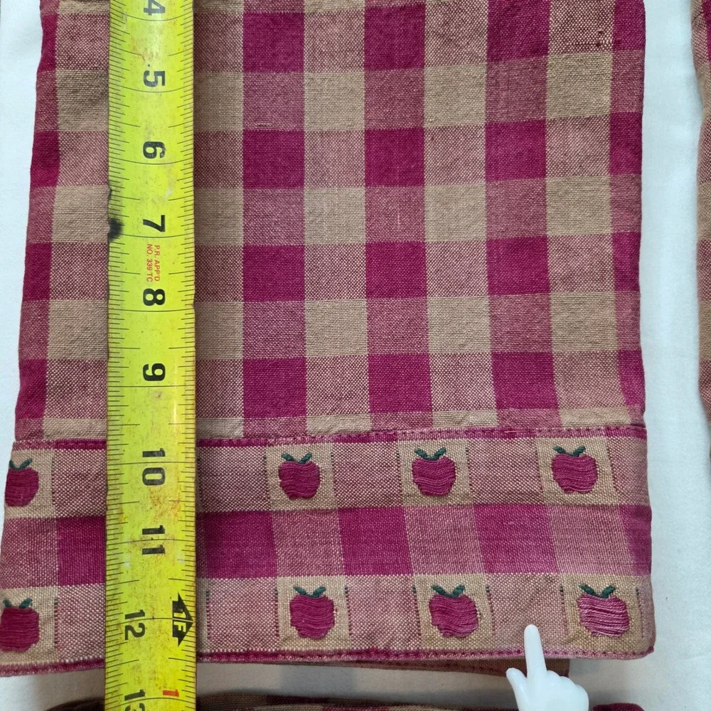 Vtg Country Gingham Apple Embroidered Window Valance Set 2 Panels Burgundy READ